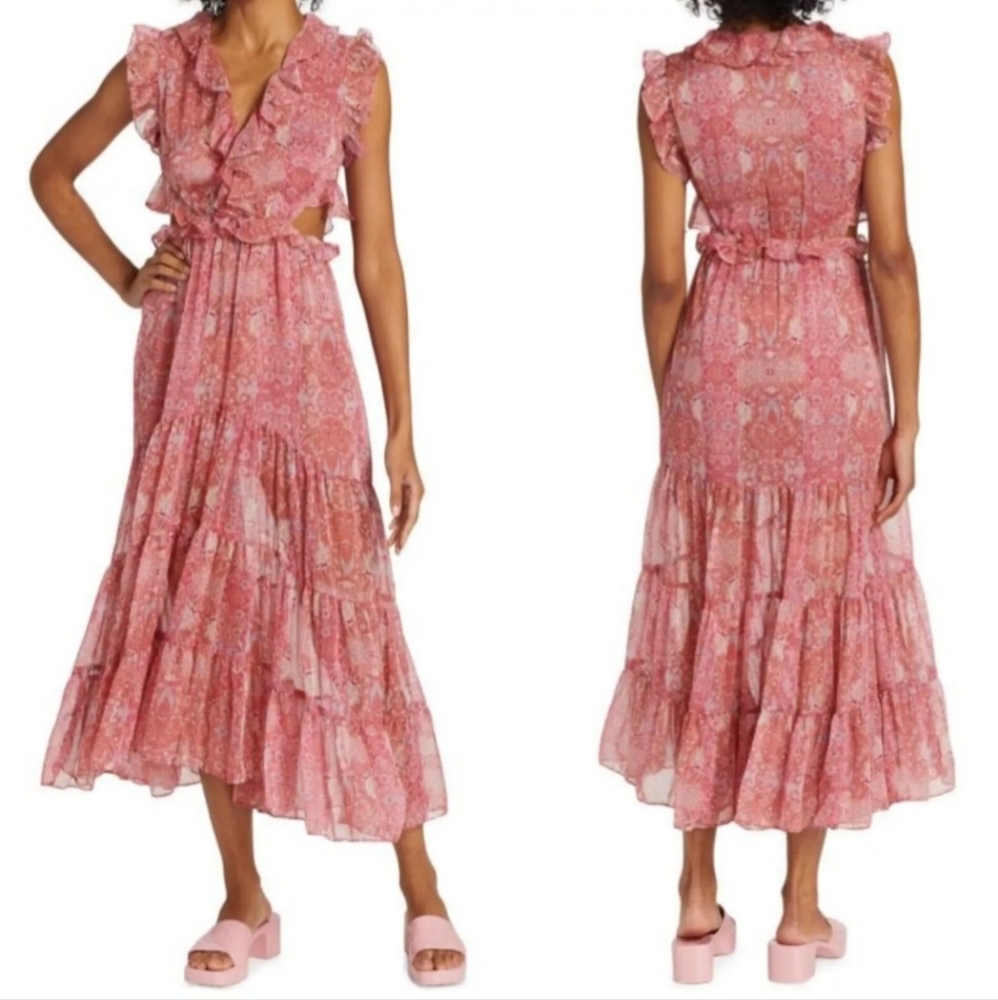 MISA Los Angeles Natasha Dress Pink Floral Cut Out Midi Ruffle V-Neck Sheer M